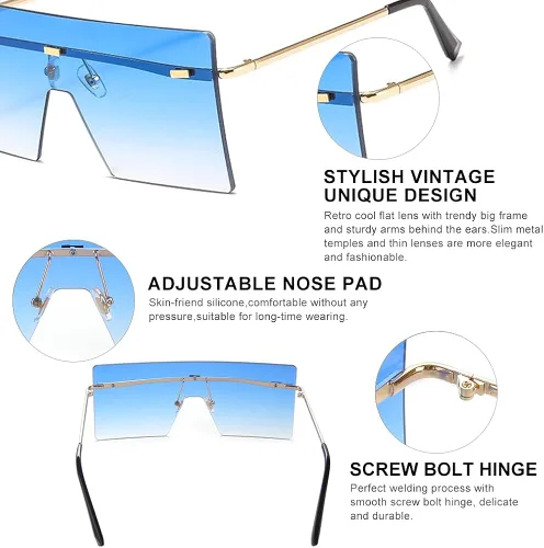 Vista 3 de OuShiun cuadrado de gran tamaño sin montura gafas de sol retro moda superior plana grandes sombras para mujeres hombres protección UV