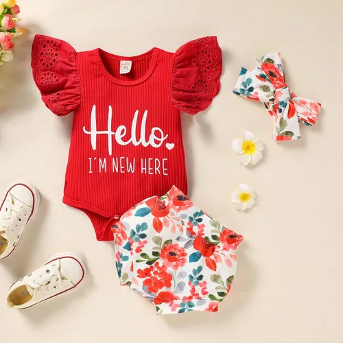Vista 4 de ZOELNIC Ropa de bebé niña, mameluco de encaje con volantes de verano para recién nacido + pantalones cortos florales, 3 piezas, sesión de fotos