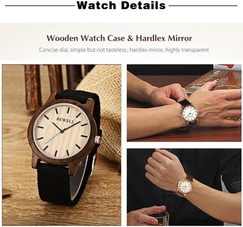 Vista 6 de BEWELL - Reloj de pulsera de cuarzo ultrafino para hombre, correa de lona, esfera de madera ligera