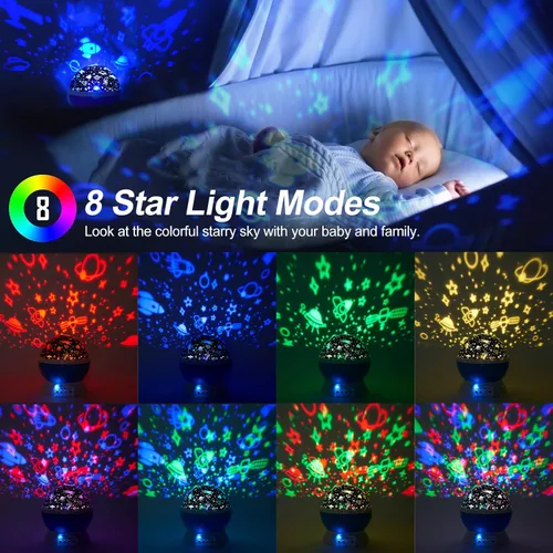 Vista 3 de Luces nocturnas de Navidad para bebé con control remoto, proyector de luna de rotación de 360 grados, 4 bombillas LED, 8 luces que cambian