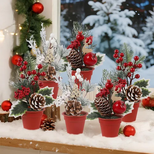 Vista 6 de winemana Mini decoraciones de mesa de árbol de Navidad, 6 piezas de árbol artificial pequeño con piñas y bayas rojas, centro de mesa navideño
