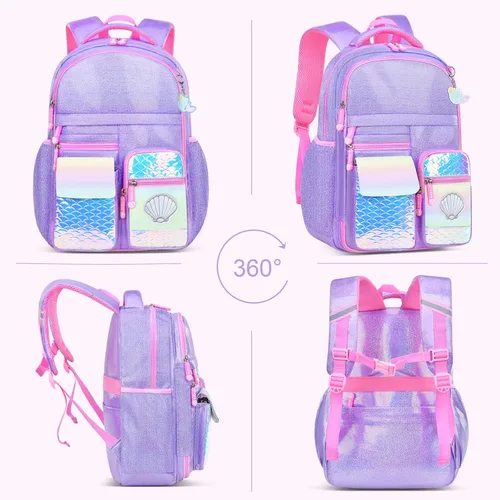 Vista 7 de Mochila para niñas, mochilas escolares de 16 pulgadas para niñas, bonita bolsa de libros para niñas, niños, estudiantes, escuela primaria, Sirena