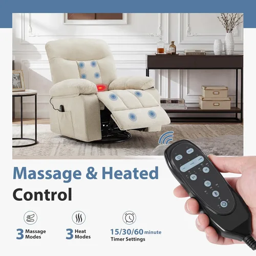 Vista 5 de DUMOS Rocker - Silla reclinable giratoria con masaje por vibración y calefacción lumbar, sillón reclinable de tela de felpilla giratoria de 270°