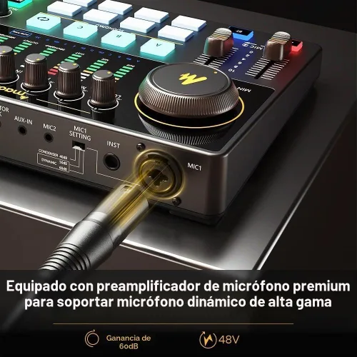 Vista 2 de MAONO Kit de Equipo de Podcast Interfaz de Audio de 10 Canales y Micrófono Dinámico XLR MaonoCaster con Preamplificador Profesional, 48V, Bluetooth