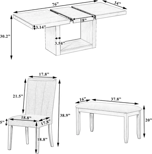 Vista 2 de Merax Juego de mesa de comedor extensible de 78 pulgadas con hojas extraíbles de 18 pulgadas, juego de mesa de comedor de madera de 6 piezas con 4