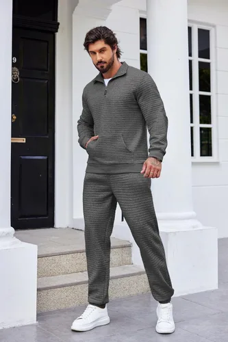 Vista 2 de COOFANDY Conjunto deportivo de 2 piezas para hombre, ajuste relajado, con media cremallera, para correr