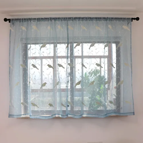 Vista 2 de SLOW SOUL Juego de 2 paneles de cortinas azules 3D elegantes bordadas con pájaros, cortinas de lujo traslúcidas para dormitorio, sala de estar