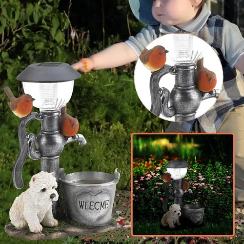 Vista 5 de Estatuas de jardín de resina para cachorros y pájaros, estatuas al aire libre con luces solares, esculturas solares de jardín, pozos y cuencas
