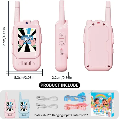 Vista 8 de Walkie Talkie para niños con video: paquete de 2 juguetes recargables para niños pequeños con cámara HD y cambiador de voz, juguetes de regalo