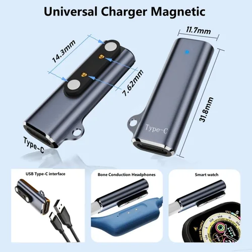 Vista 5 de Cargador universal para reloj inteligente, magnético, USB tipo C a paso de 0.30 in, adaptador de 2 pines, cable de carga de repuesto compatible
