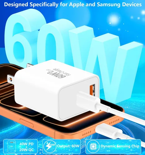Vista 4 de Cargador para iPhone 17 de carga rápida, 60 W GaN USB-C y USB-A Bloque de cargador de pared con 2 cables USB C a USB C de 6 pies, compatible