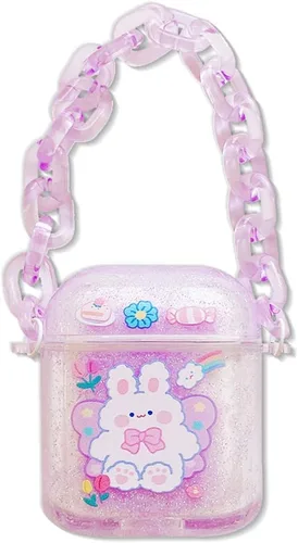 Vista 9 de Funda transparente compatible con AirPods 1 y 2, hermoso diseño de lazo colorido con pulsera de perlas de lujo, ultrafina, funda protectora de RosaA
