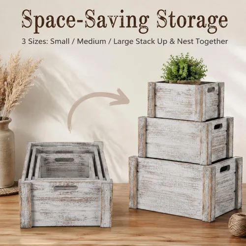 Vista 4 de Hacaroa Paquete de 3 cajas de madera con asas, caja de almacenamiento rústica para anidar, cestas de madera decorativas para frutas, verduras