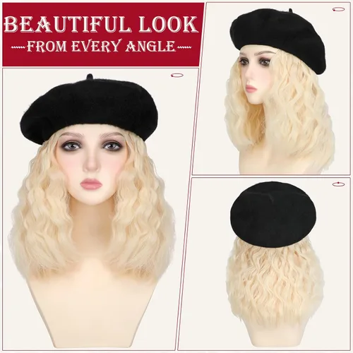 Vista 2 de Boinas con extensiones de cabello, gorra clásica elástica de lana francesa sólida adjunta, corto y rizado, peluca sintética para mujer, rubio