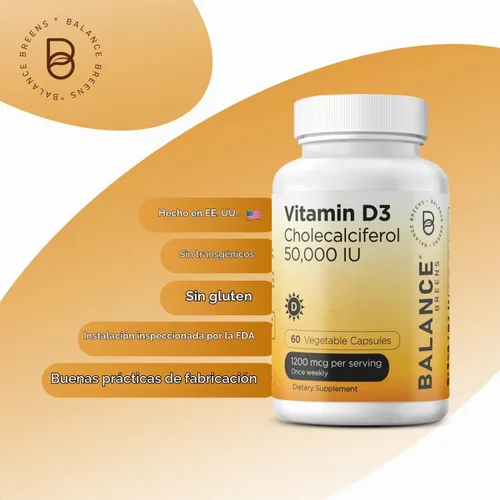 Vista 5 de Balance Breens Vitamina D3 50,000 UI - 60 cápsulas vegetales - Suplemento de vitamina D sin gluten de alta potencia sin OMG