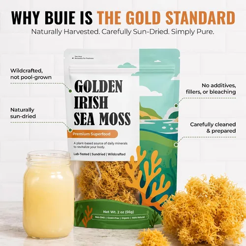 Vista 3 de Musgo marino irlandés dorado Elaborado en la naturaleza de Santa Lucía 2 onzas hace ~ 30 onzas más de gel de musgo marino 100% natural, crudo
