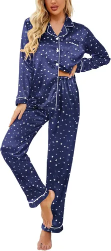 Vista 35 de Ekouaer - Conjunto de pijama de satén de seda clásico con botones para mujer, de manga larga Verde militar
