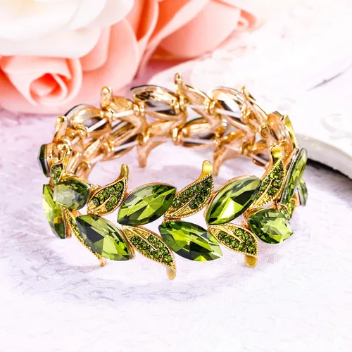 Vista 4 de BriLove Pulsera brazalete elástica de hoja con forma de marquesa de cristal nupcial de boda para mujer