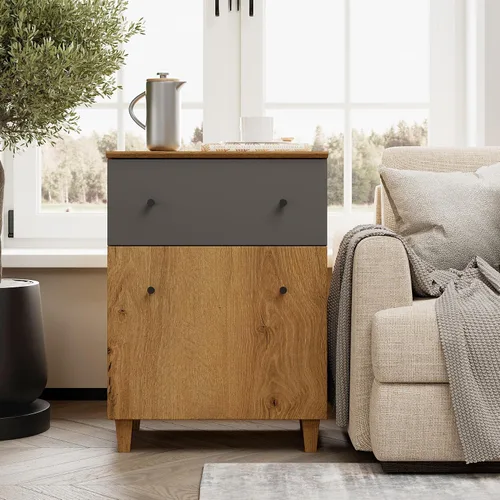Vista 11 de WAMPAT Mesa auxiliar con 1 cajón y puerta, moderna mesa auxiliar grande para sofá, mesita de noche alta de madera con estante de almacenamiento