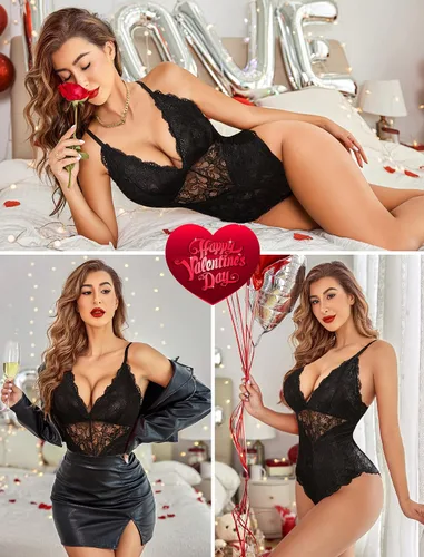 Vista 2 de Avidlove - Lencería sexy de encaje tipo body de una pieza con escote en V profundo