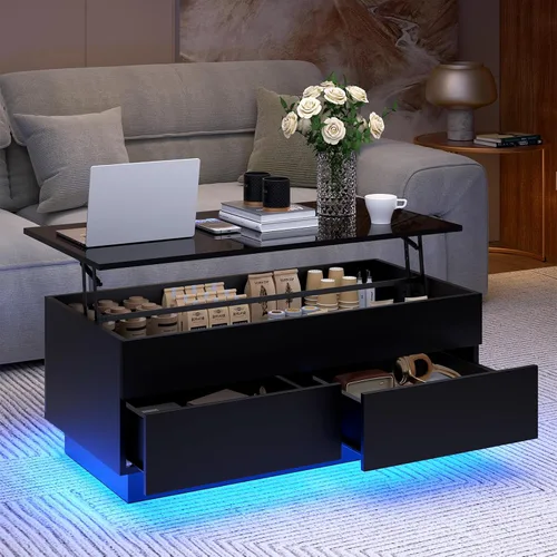 Vista 15 de HOMMPA - Mesa de café con tapa elevable de 40" con almacenamiento, mesa de centro LED moderna de alto brillo para sala de estar, mesa de té moderna