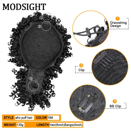 Vista 5 de MODSIGHT Cola de caballo afro hinchada con cordón y flequillo, moño de cola de caballo rizada crespa negra con flequillo, postizos para peinados