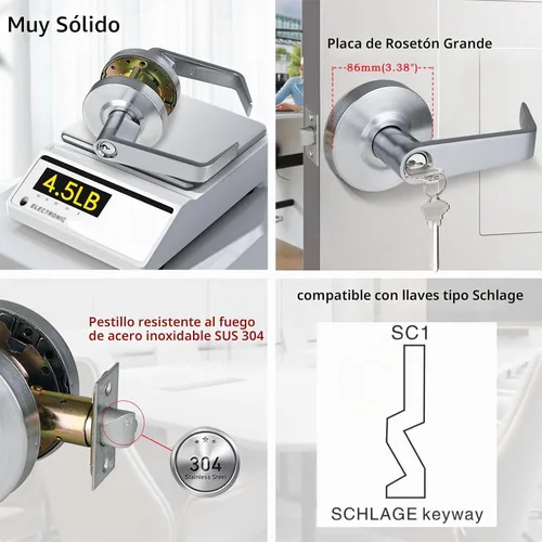 Vista 7 de ANSI Grado 2 Manija de Puerta de Entrada Comercial con Llave, Certificada UL, Cumple ADA, Cromo Satinado 26D, GRD2-72ET-1P