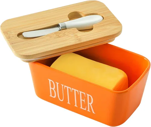 Vista 11 de Hasense Mantequillera de porcelana con tapa de bambú – Mantequera cubierta con cuchillo de mantequilla para encimera, recipiente hermético