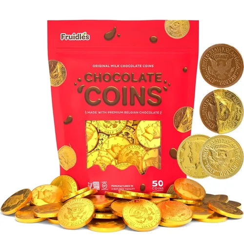 Vista 4 de Fruidles Paquete de 50 Monedas de Chocolate con Leche, Medio Dólar Dorado, Elaboradas con Ingredientes Belgas Premium, Sin Frutos Secos, Sin OGM