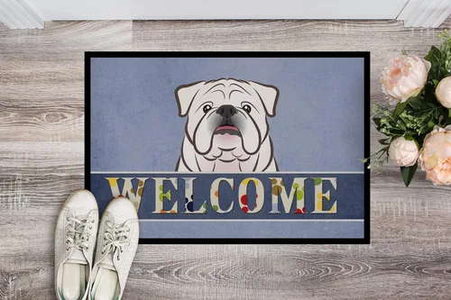 Vista 2 de Caroline's Treasures BB1406MAT - Tapete de bienvenida de bulldog inglés blanco de 18 x 27 pulgadas, tapete azul para puerta delantera, para Bulldog