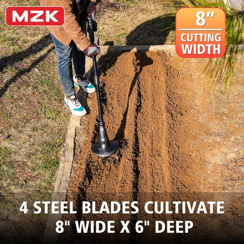 Vista 3 de MZK Cultivador de labrado sin cable de 20V con dientes de acero, cultivador de jardín de 8 pulgadas de ancho con batería, cultivador eléctrico