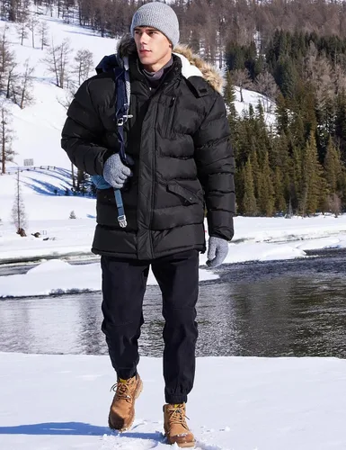 Vista 2 de Abrigos largos de invierno para hombre, cálidos, resistentes al agua, inflados, con capucha, cortavientos, aislados, chaquetas acolchadas Negro