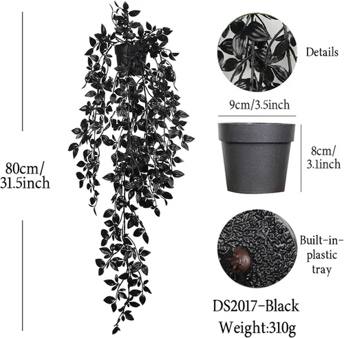 Vista 6 de Plantas colgantes artificiales negras en maceta, paquete de 3 plantas falsas para pared, hogar, habitación, oficina, decoración de interiores