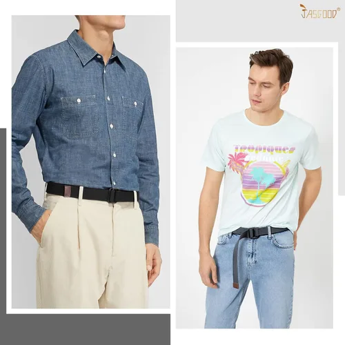 Vista 4 de JASGOOD Cinturones de tela de lona para hombres y mujeres, cinturones de tela con hebilla de doble anillo negro, paquete de 2