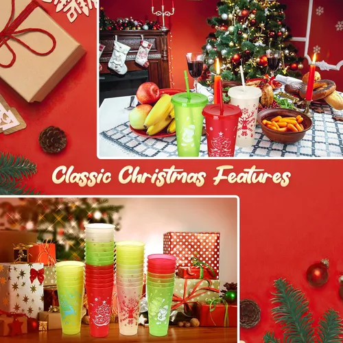 Vista 3 de Sliner 40 vasos reutilizables de Navidad con tapas y pajillas, vasos de plástico de 24 onzas con tapas y botellas de agua con popote a granel