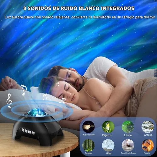 Vista 6 de Proyector Aurora Northern Lights para dormitorio con altavoz Bluetooth de música y ruido blanco, proyector de galaxia, proyectores de luz nocturna