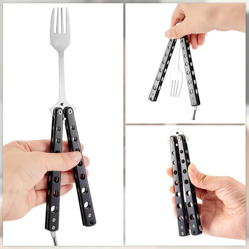 Vista 4 de Flutesan Juego de 2 Piezas de Tenedor y Cuchara Mariposa, Cuchara Táctica Mariposa Plegable de Acero Inoxidable Conjunto de Utensilios Spork