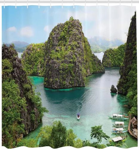 Vista 2 de Ambesonne Cortina de ducha de isla, paisaje de majestuoso acantilado en Filipinas Wild Hot Nature Resort Off Picture, juego de decoración de baño