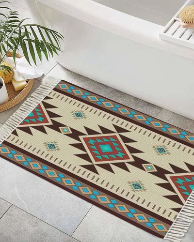 Vista 8 de Beige Gray Brown Entryway Rug 2X3 Ft Bathroom Mat, Washable Woven Abstract Ombre Art Throw Carpet with Tassel, Non-Shedding Vintage Minimalist