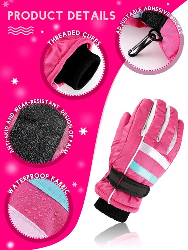 Vista 4 de 2 pares de guantes de esquí para niños, guantes de invierno impermeables para nieve, gruesos y cálidos, guantes de snowboard para niños y niñas