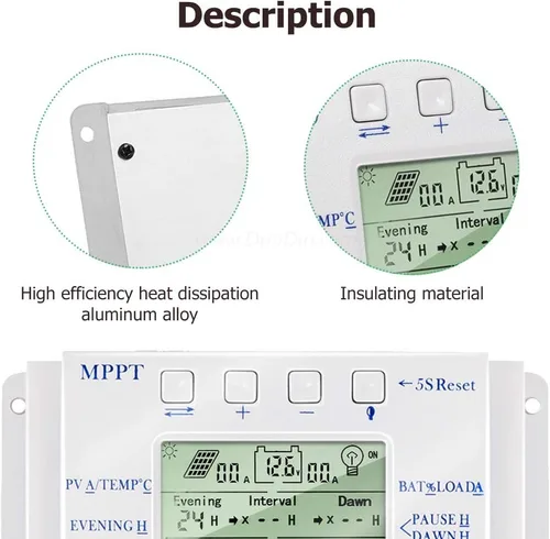 Vista 4 de MPPT T-10 Controlador de carga solar de 12 V 24 V para entrada máxima de 48 V con pantalla LCD, controlador de carga MPPT compatible con PWM