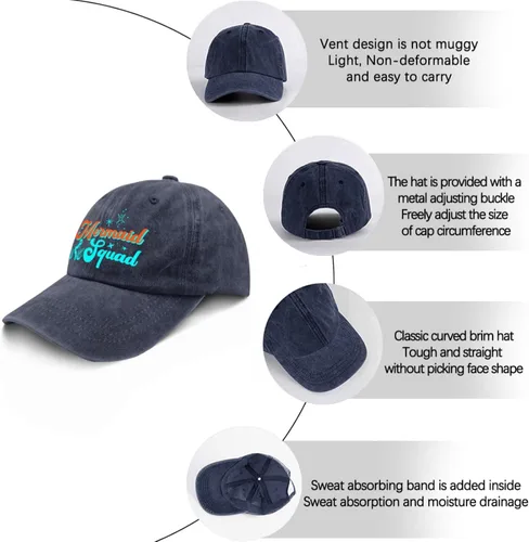 Vista 6 de Mermaid Squads Cap Womens Summer Hat Navy Blue Womens Beach Hat Gifts for Men Workout Cap