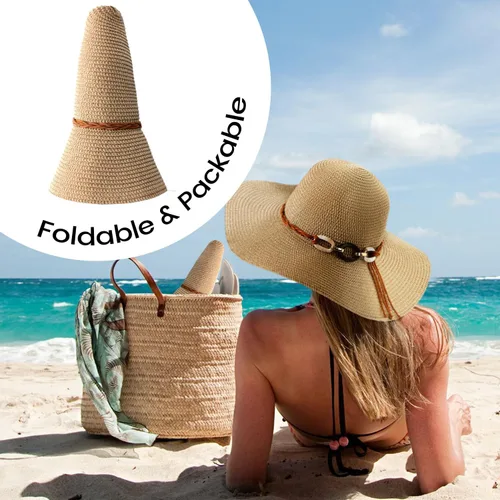 Vista 5 de Sombreros de playa para mujer – Sombrero de sol para mujer, sombrero de paja de ala ancha para mujer, sombrero de sol enrollable, plegable, cordón