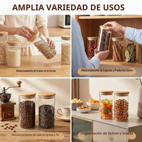 Vista 5 de Paquete de 2 tarros de vidrio transparente de 11.8 fl oz de 12 onzas con tapas herméticas de bambú, recipientes de vidrio herméticos dispensadores