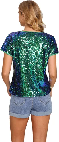 Vista 5 de Camiseta de manga corta con lentejuelas brillantes para mujer, cuello redondo y brillantina, para verano, discoteca, fiesta, túnica