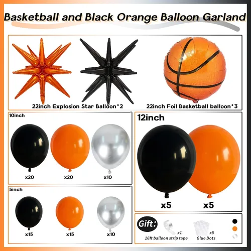 Vista 2 de Kit de arco de globos de baloncesto, kit de guirnalda de globos naranja y negro plateado con globos de estrella en explosión, kit de globos