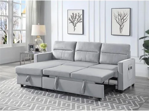 Vista 3 de BOWERY HILL Sofá cama reversible de terciopelo gris claro con diván de almacenamiento