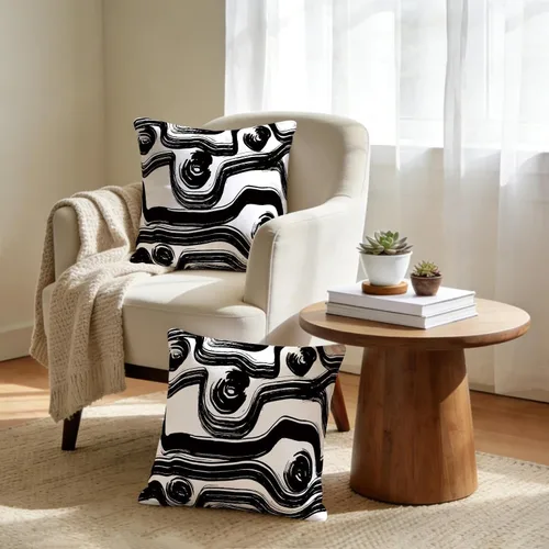 Vista 2 de Fundas de Almohada Decorativas de Rayas Blancas y Negras 18x18 pulgadas, Juego de 2, Patrón Moderno de Lino Arte Abstracto Estilo Boho, Fundas