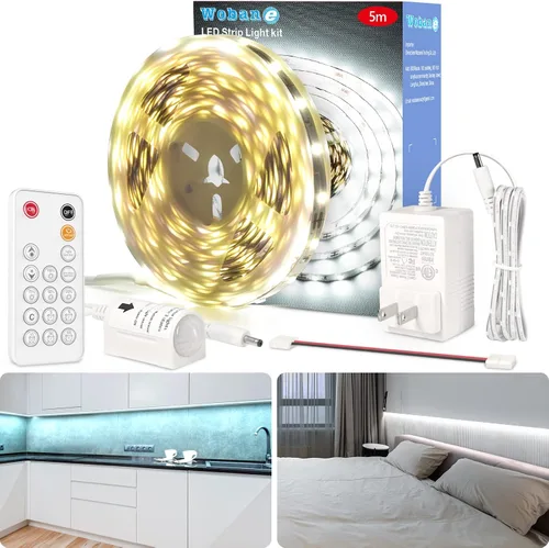 Vista 10 de WOBANE - Tira de luces LED blancas, kit de tira de luz LED regulable, 16.4 pies de luces en cinta flexible para dormitorio, cocina, debajo