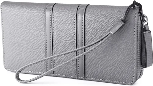 Vista 2 de Carteras con cremallera para mujer, de gran capacidad, cartera larga para chequera, cartera de mano con correa para la muñeca, Gris, Classic